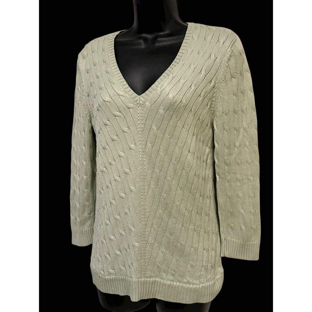 Ralph Lauren Women Sweater S Cable Silk V-Neck Pistachio Pullover EUC Preppy - Picture 2 of 8